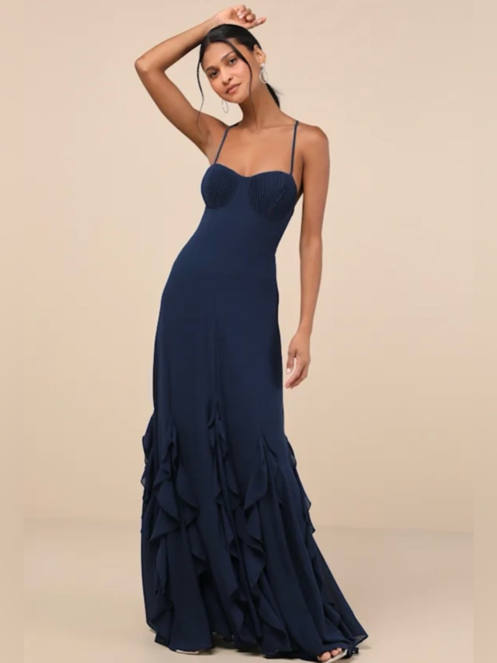 NWT Lulu's Navy Blue Ruffled Maxi Dress